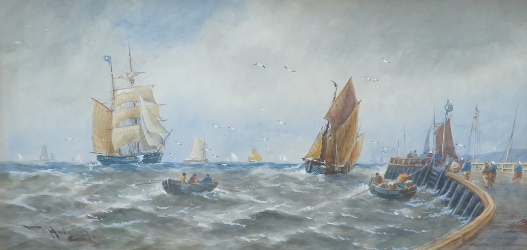 Thomas Bush Hardy (1842-1897), Maritime scene with ships and rowing boats, signed and dated 1887, watercolour heightened with white, 28 x 60cm, ornate gilt frame